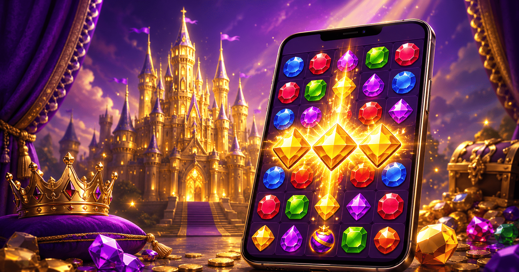 Match-3 puzzle game with a golden castle backdrop — the Royal Match benchmark